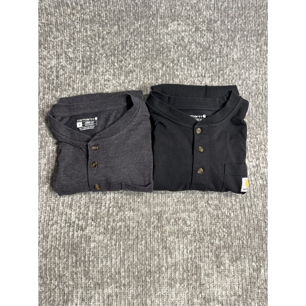 Lot of 2 Carhartt Mens L K128 Long Sleeve Workwear Pocket Henley Black Gray